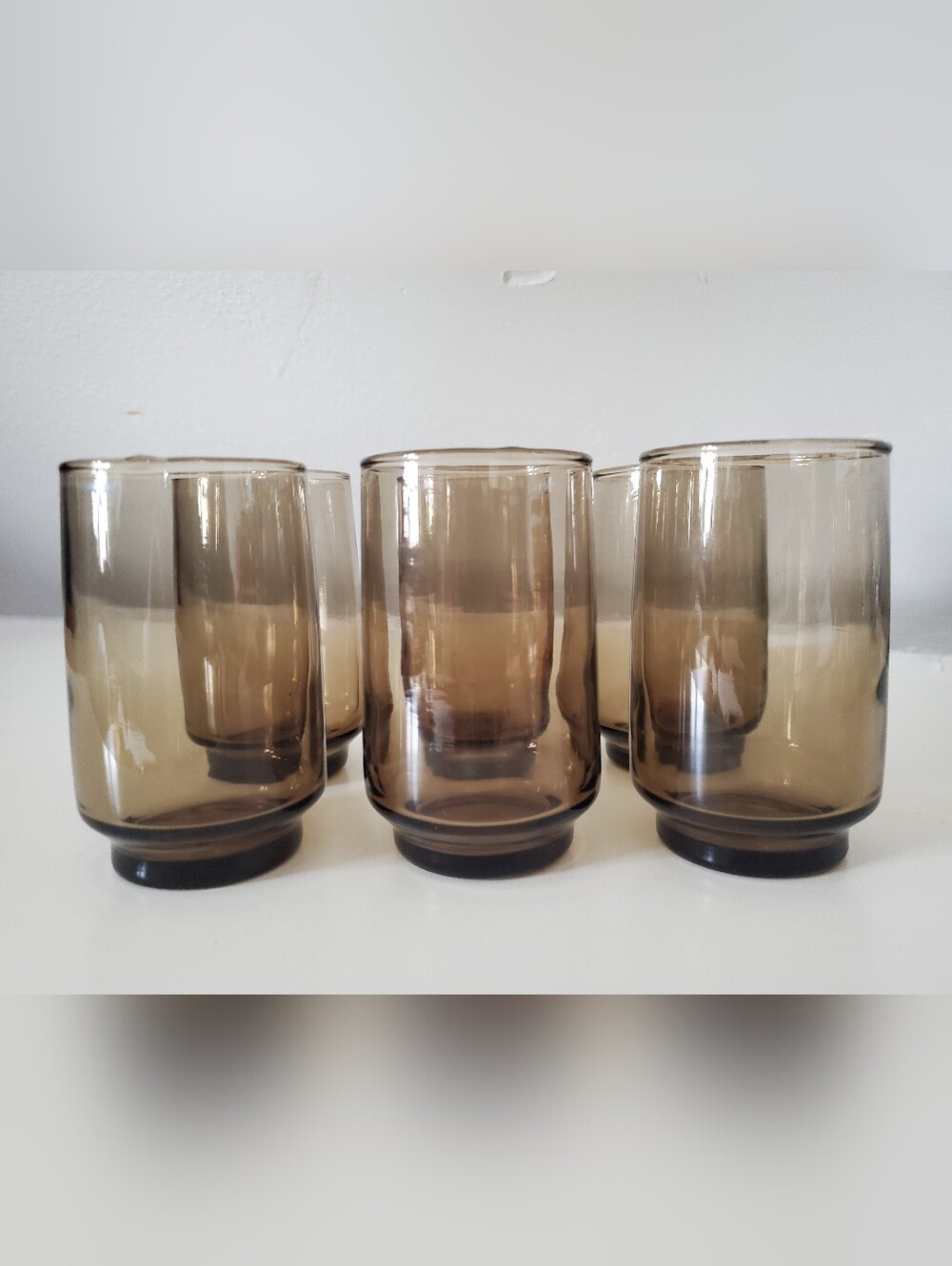 Vintage Dominion Glass Tawny Brown Juice Glasses Small Smoke Glass Tumblers - Picture 3 of 3